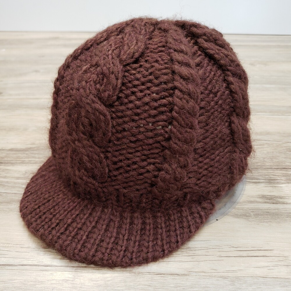 Womens Bula Knit Cap Hat Short Bill Beanie Brown Cable OS